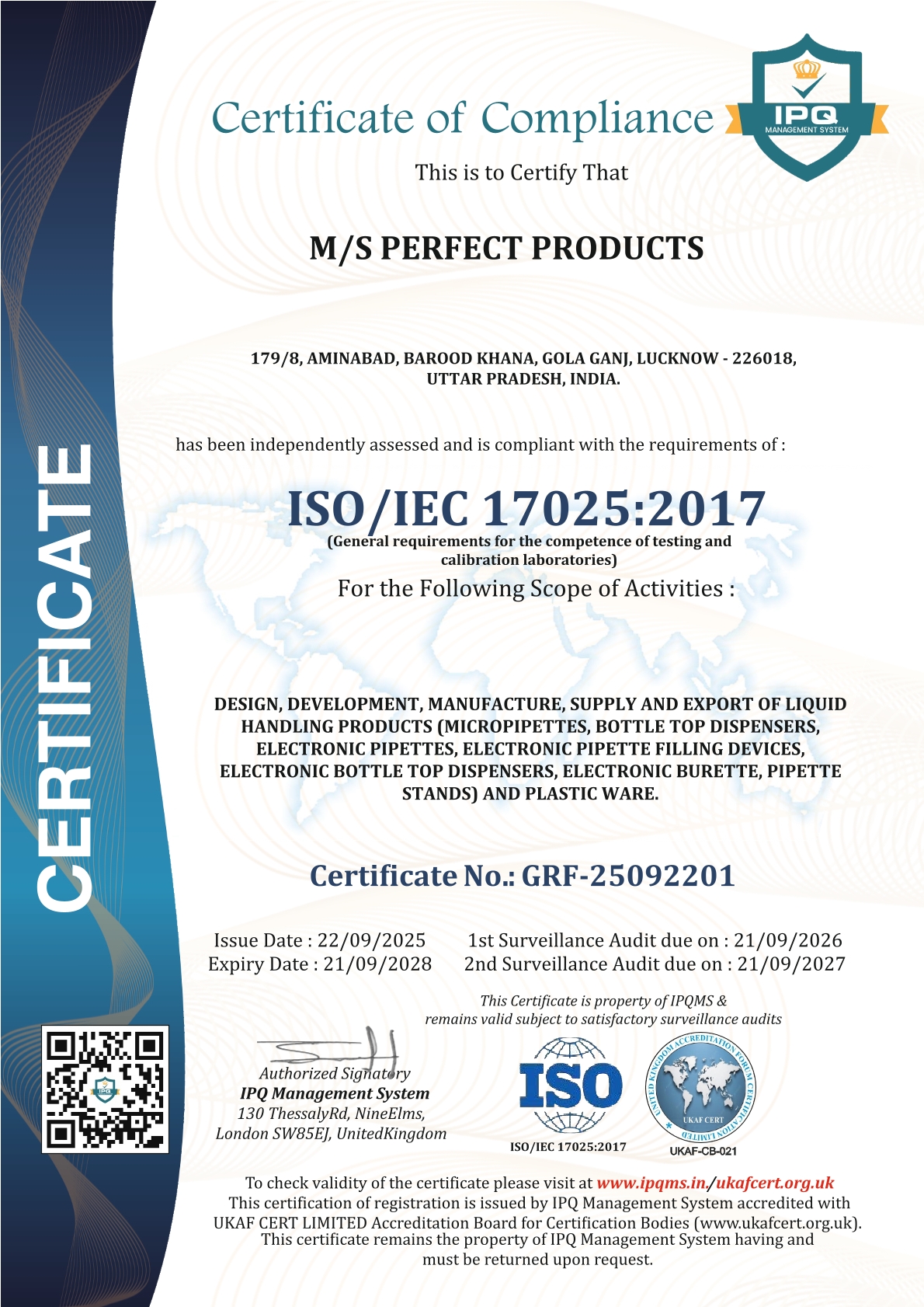 ISO 17025 Certificate - Perfect Products